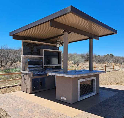 KoKoMo Baja Outdoor Kitchen with 12x12 Patio Cover – Complete Modular BBQ Island with Grill, Fridge & Bar Seating