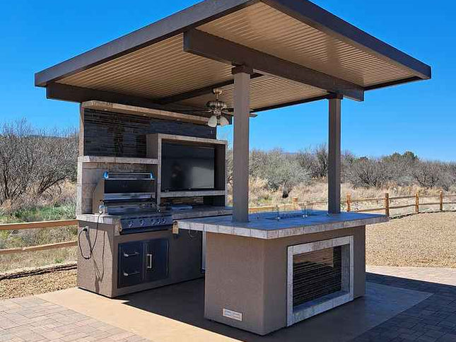 KoKoMo Baja Outdoor Kitchen with 12x12 Patio Cover – Complete Modular BBQ Island with Grill, Fridge & Bar Seating