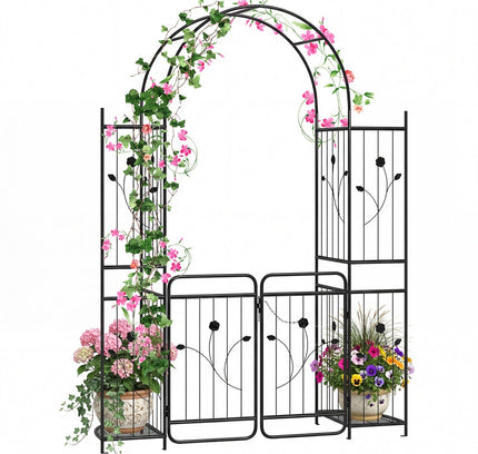 87 inch Tall Garden Arch with Gate Planter Shelves Climbing Trellises