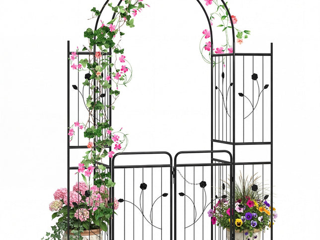 87 inch Tall Garden Arch with Gate Planter Shelves Climbing Trellises
