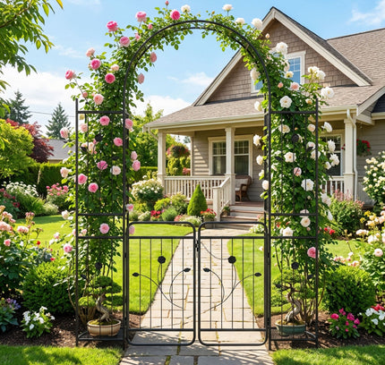 87" Tall Garden Arch with Gate Planter Shelves Climbing Trellises