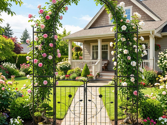87" Tall Garden Arch with Gate Planter Shelves Climbing Trellises