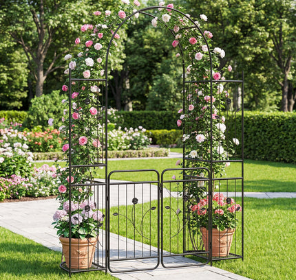 87 inch Tall Garden Arch with Gate Planter Shelves Climbing Trellises