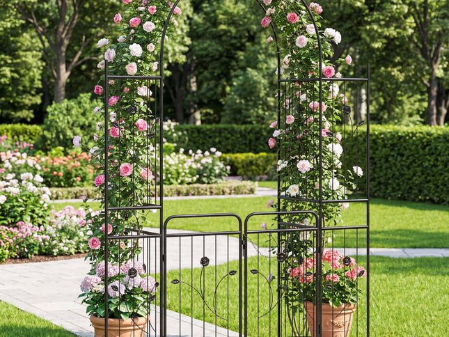 87 inch Tall Garden Arch with Gate Planter Shelves Climbing Trellises