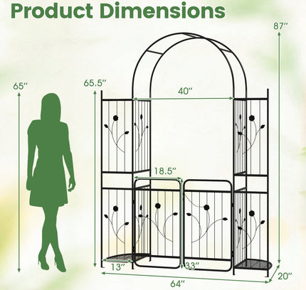 87 inch Tall Garden Arch with Gate Planter Shelves Climbing Trellises