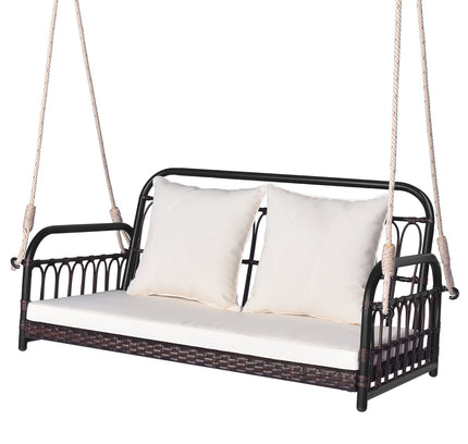 880 lb Wicker Hanging Porch Swing with Cushions-White