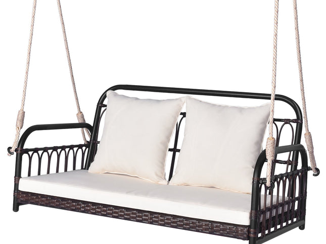 880 lb Wicker Hanging Porch Swing with Cushions-White