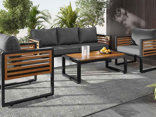 4-Piece Outdoor Conversation Set, Metal Frame & Acacia Wood Table, Seats 5