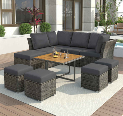 10-Piece Outdoor Rattan Conversation Set with Acacia Coffee Table, Seats 8-9