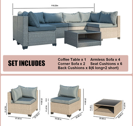 7-Piece Patio Furniture Set, All-Weather Boho Outdoor Conversation Set Sectional Sofa with Water Resistant Grey Thick Cushions