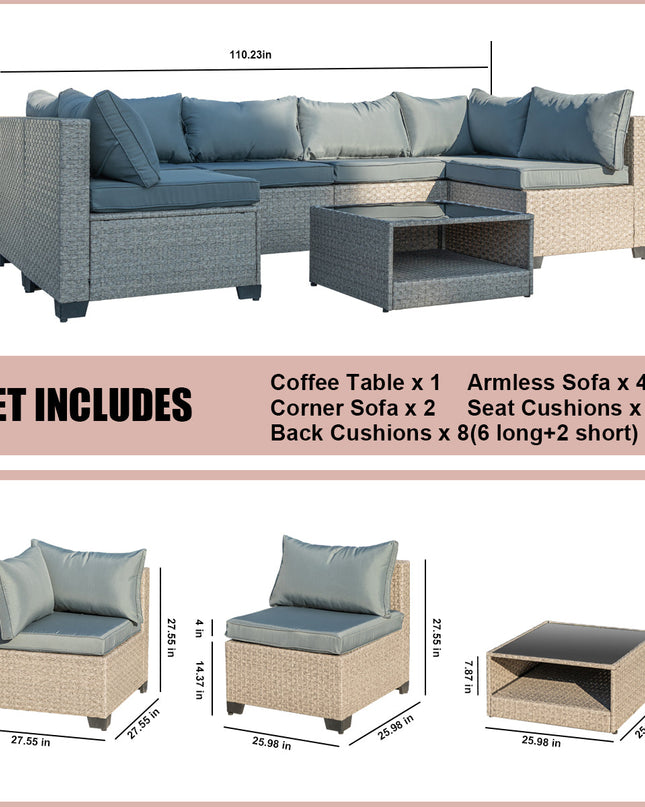 7-Piece Patio Furniture Set, All-Weather Boho Outdoor Conversation Set Sectional Sofa with Water Resistant Grey Thick Cushions