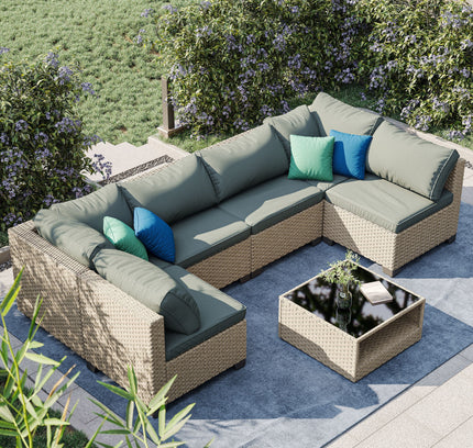 7-Piece Patio Furniture Set, All-Weather Boho Outdoor Conversation Set Sectional Sofa with Water Resistant Grey Thick Cushions