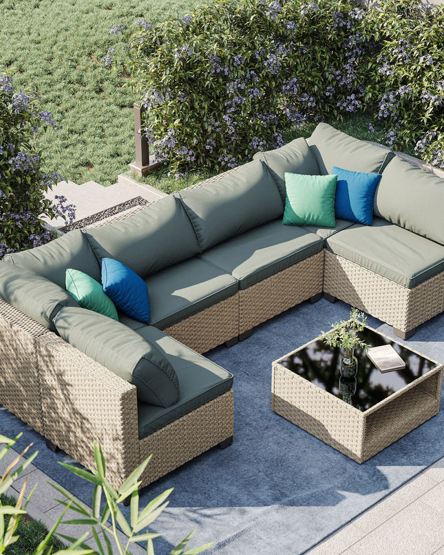7-Piece Patio Furniture Set, All-Weather Boho Outdoor Conversation Set Sectional Sofa with Water Resistant Grey Thick Cushions
