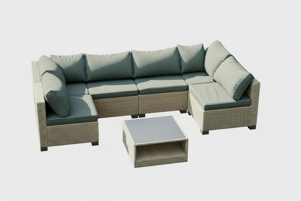 7-Piece Patio Furniture Set, All-Weather Boho Outdoor Conversation Set Sectional Sofa with Water Resistant Grey Thick Cushions