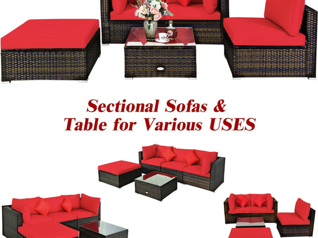 5-Piece Outdoor Rattan Sectional Sofa Set with Ottoman & Coffee Table — Red
