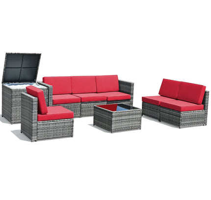8-Piece Outdoor Wicker Rattan Sofa Set with Storage Box & Tempered Glass Table — Red