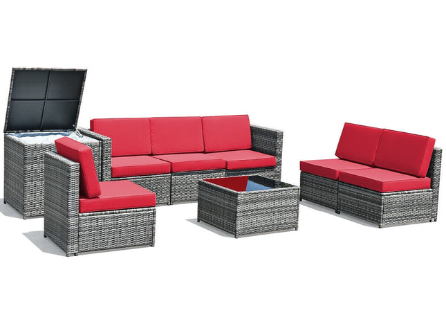 8-Piece Outdoor Wicker Rattan Sofa Set with Storage Box & Tempered Glass Table — Red