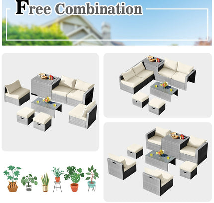 8-Piece Outdoor Rattan Patio Set with Storage Box, Waterproof Cover & Ottomans — Off White