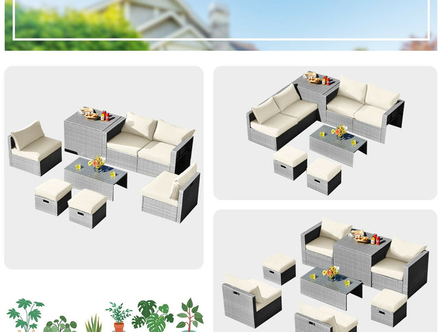 8-Piece Outdoor Rattan Patio Set with Storage Box, Waterproof Cover & Ottomans — Off White