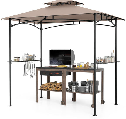 8x5 Feet Grill Gazebo with 2 Shelves 6 Hooks and Metal Frame-Gray