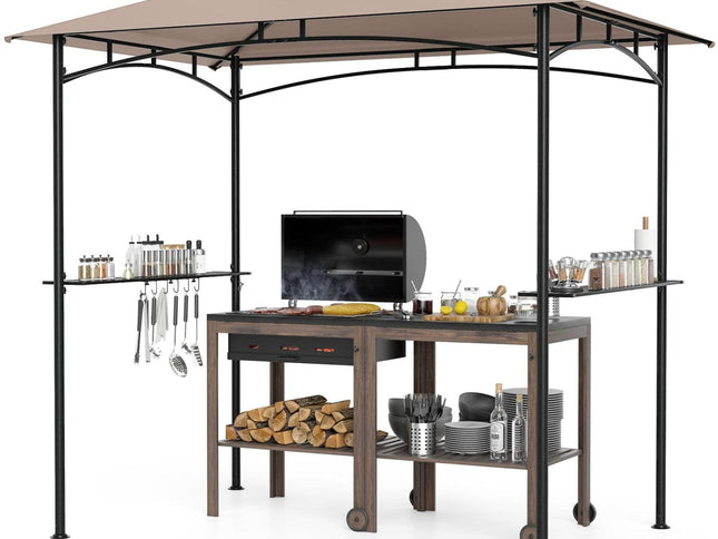 8x5 Feet Grill Gazebo with 2 Shelves 6 Hooks and Metal Frame-Gray
