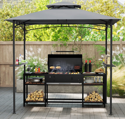 8x5 Feet Grill Gazebo with 2 Shelves 6 Hooks and Metal Frame-Gray