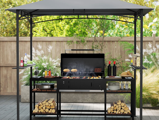 8x5 Feet Grill Gazebo with 2 Shelves 6 Hooks and Metal Frame-Gray