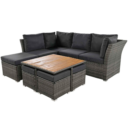 10-Piece Outdoor Rattan Conversation Set with Acacia Coffee Table, Seats 8-9