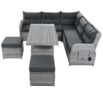 Outdoor Rattan Patio Furniture Set with Adjustable Recliners, Ottomans & Tables