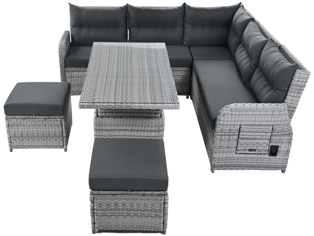 Outdoor Rattan Patio Furniture Set with Adjustable Recliners, Ottomans & Tables