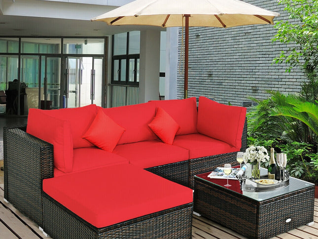 5-Piece Outdoor Rattan Sectional Sofa Set with Ottoman & Coffee Table — Red