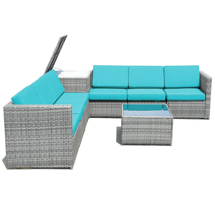 8-Piece Outdoor Wicker Rattan Sofa Set with Storage Box & Tempered Glass Table — Turquoise