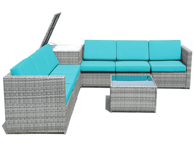 8-Piece Outdoor Wicker Rattan Sofa Set with Storage Box & Tempered Glass Table — Turquoise