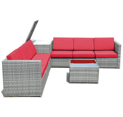 8-Piece Outdoor Wicker Rattan Sofa Set with Storage Box & Tempered Glass Table — Red