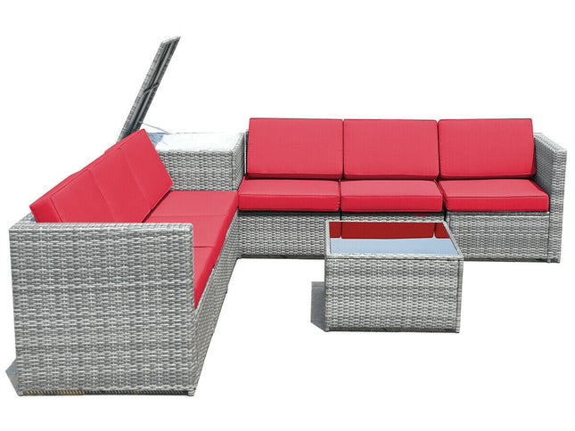 8-Piece Outdoor Wicker Rattan Sofa Set with Storage Box & Tempered Glass Table — Red