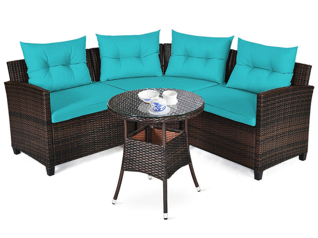 4-Piece Outdoor Cushioned Rattan Patio Furniture Set — Turquoise