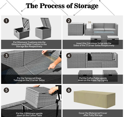 8-Piece Outdoor Rattan Patio Set with Storage Box, Waterproof Cover & Ottomans — Off White