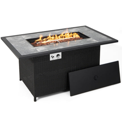 52" Rattan Propane Fire Pit Table with Rain Cover & Lava Rock, Black