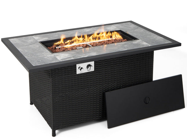 52" Rattan Propane Fire Pit Table with Rain Cover & Lava Rock, Black