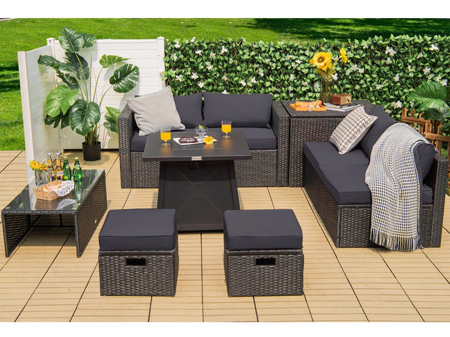 9-Piece Rattan Patio Set with 30" Gas Fire Pit Table & Covers, Gray