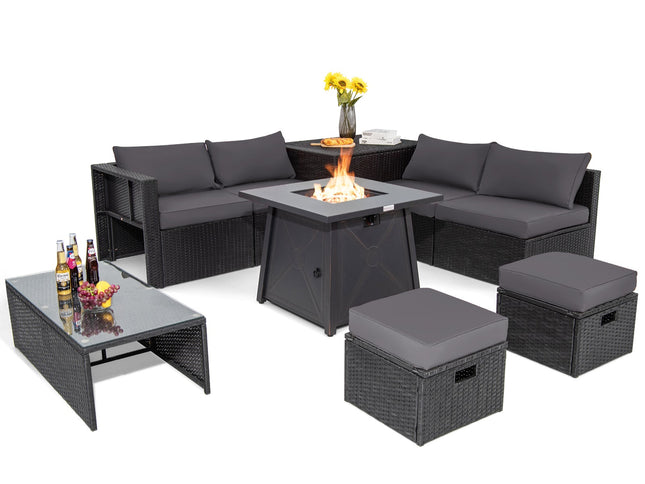 9-Piece Rattan Patio Set with 30" Gas Fire Pit Table & Covers, Gray