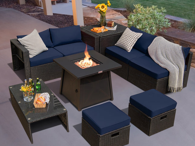 9-Piece Rattan Patio Set with 30" Gas Fire Pit Table & Covers, Navy