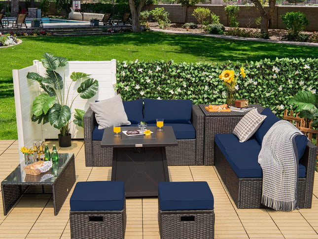 9-Piece Rattan Patio Set with 30" Gas Fire Pit Table & Covers, Navy