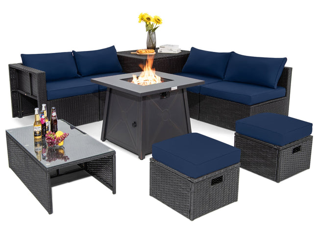 9-Piece Rattan Patio Set with 30" Gas Fire Pit Table & Covers, Navy