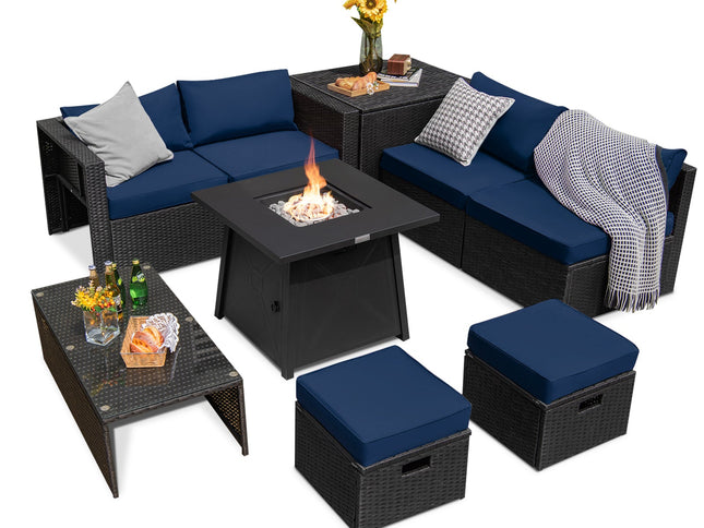 9-Piece Rattan Patio Set with 30" Gas Fire Pit Table & Covers, Navy