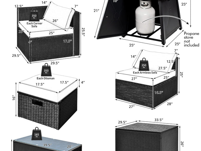9-Piece Rattan Patio Set with 30" Gas Fire Pit Table & Covers, Navy