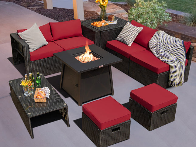 9-Piece Rattan Patio Set with 30" Gas Fire Pit Table & Covers, Red
