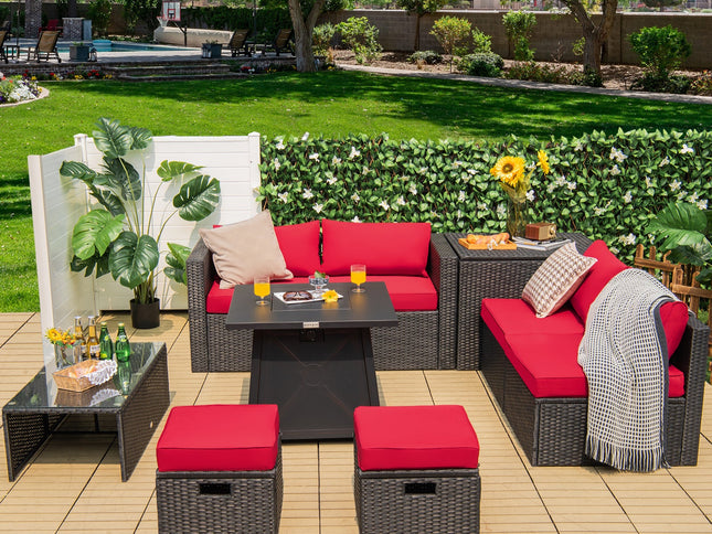 9-Piece Rattan Patio Set with 30" Gas Fire Pit Table & Covers, Red