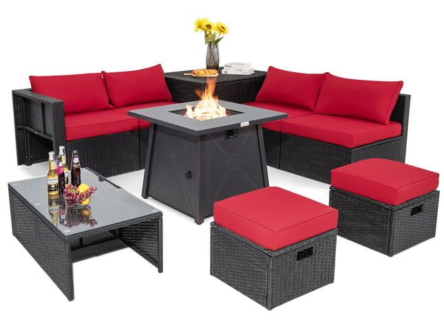 9-Piece Rattan Patio Set with 30" Gas Fire Pit Table & Covers, Red