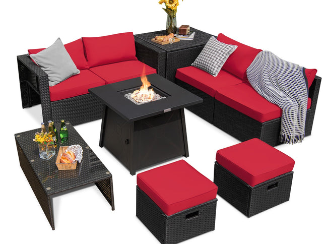 9-Piece Rattan Patio Set with 30" Gas Fire Pit Table & Covers, Red